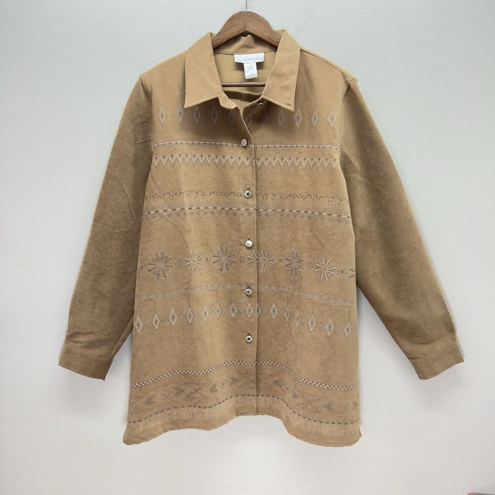 Susan Graver Aztec Shacket Womens 1X Tan Lagenlook Button Up Shirt Tribal Tunic